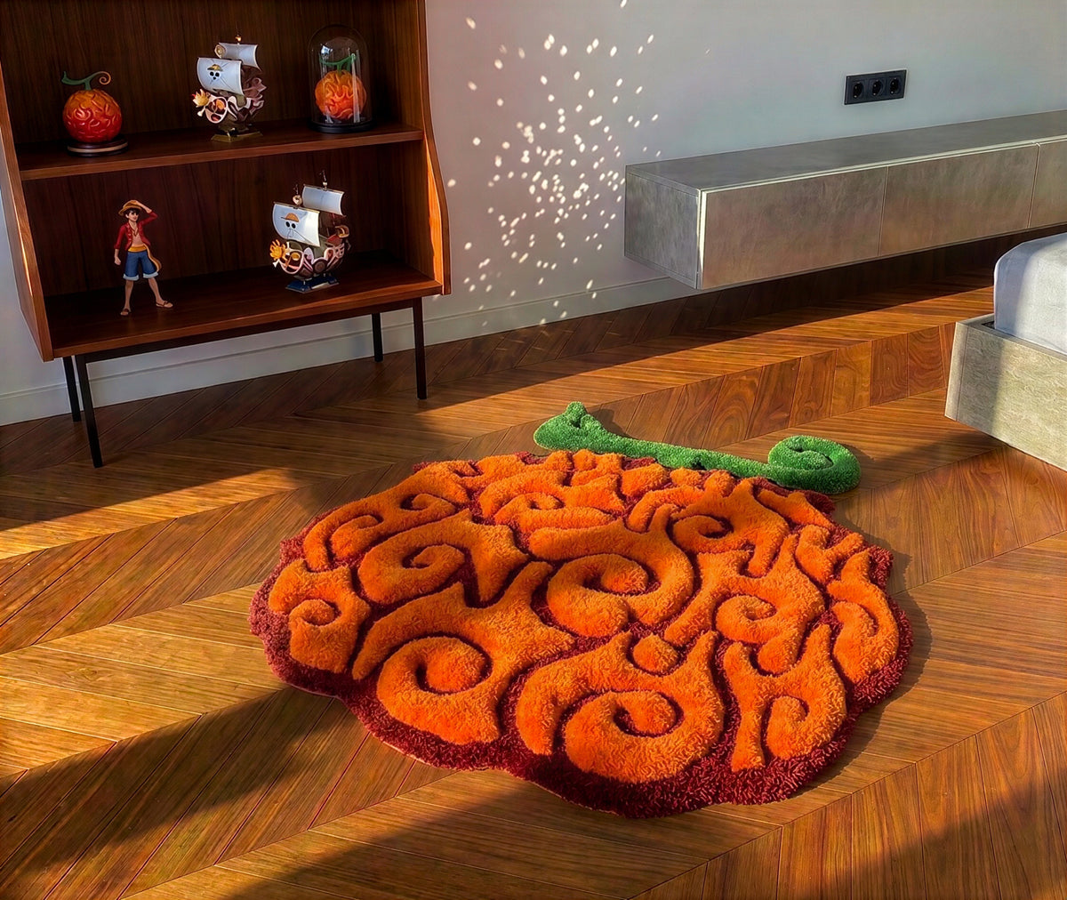 Anime fruit rug in a living room, thick orange curl tufted acrylic pile on a wood floor, angled view