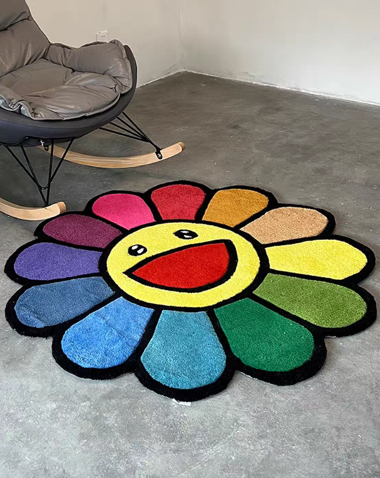 Takashi Murakami Inspired Flower Hand Tufted Round Rug Colorful Rainbow Daisy Pattern Aesthetic Room Decor Hypebeast Streetwear Art Rug Bedroom Living Room