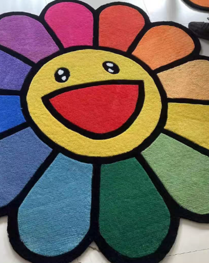 Hand Tufted Flower Round Rug Multi Color Sunflower Pattern Soft Poly Pile Non Slip Backing Aesthetic Hypebeast Room Decor Unique Art Rug Gift Idea