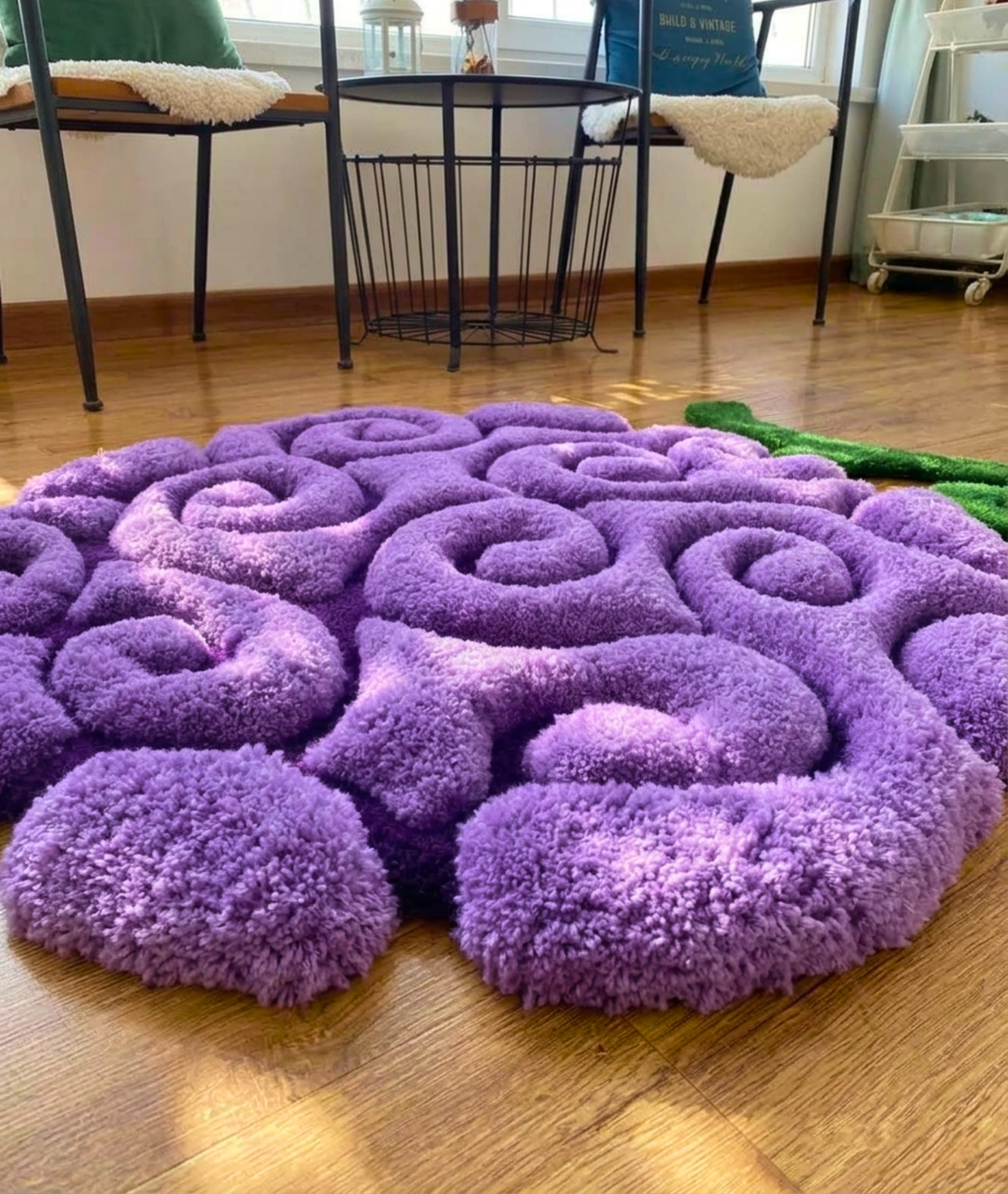 Anime fruit rug in a living room, thick purple curl tufted acrylic pile on a wood floor, low angle