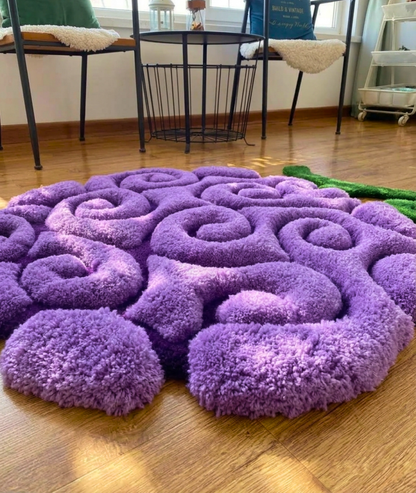 Anime fruit rug in a living room, thick purple curl tufted acrylic pile on a wood floor, low angle