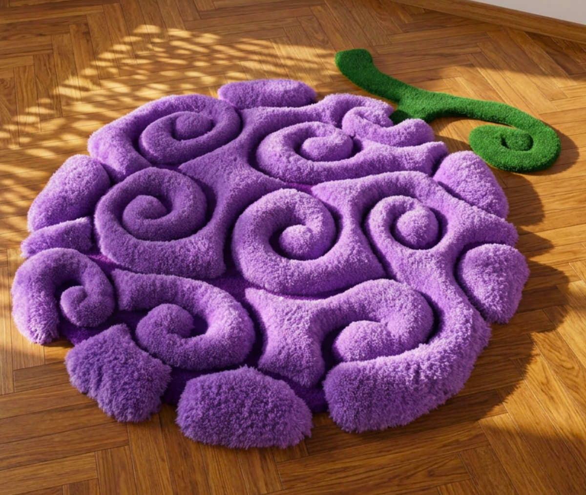 Hand tufted purple fruit area rug, raised swirl pile and green stem on parquet, close up detail