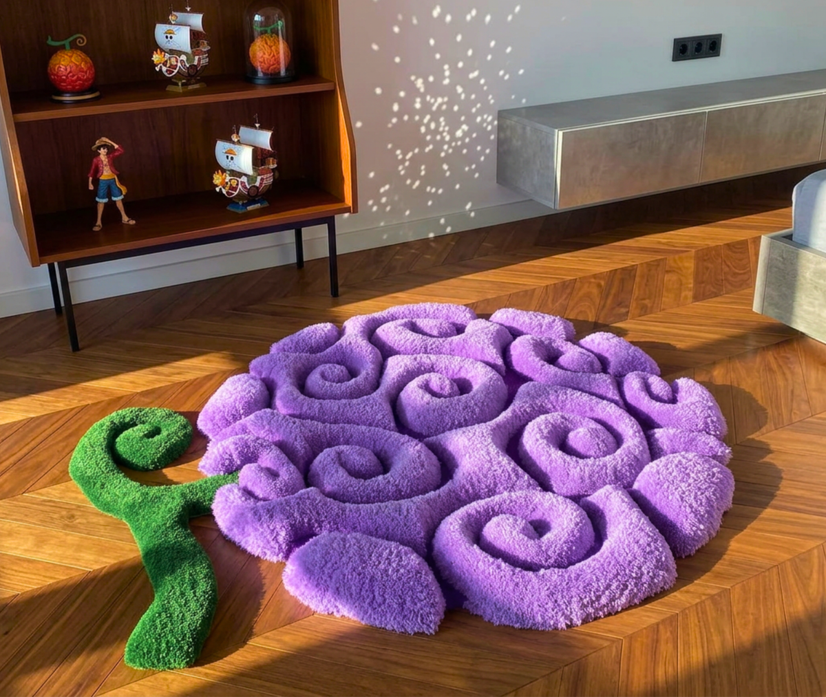 Shaped purple fruit rug with curled green stem, hand tufted acrylic pile, styled living room view