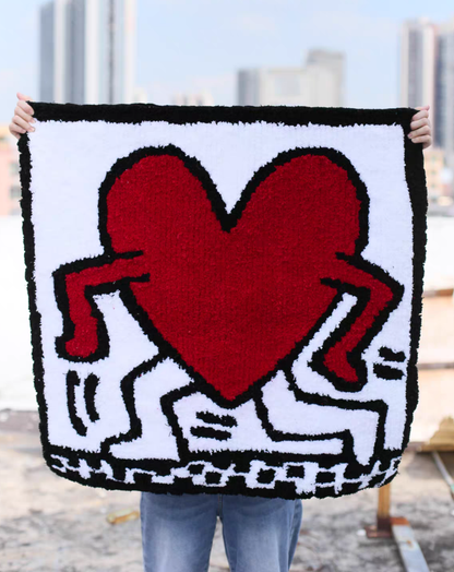 Keith Haring walking heart tufted rug street art inspired hand tufted red black white room decor