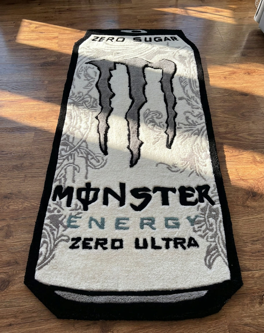 White Monster Rug hand tufted energy drink can rug, full top view on a wooden floor
