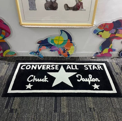Converse All Star rug with colorful elephant cutouts on a carpeted floor. Sneaker Culture Tufted Runner Rug Black White Streetwear Hypebeast Room Decor Unique Gift