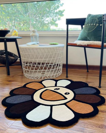 Murakami inspired tufted rug, pop art flower design for bedroom and gaming room decor. Earth tone aesthetic rug.