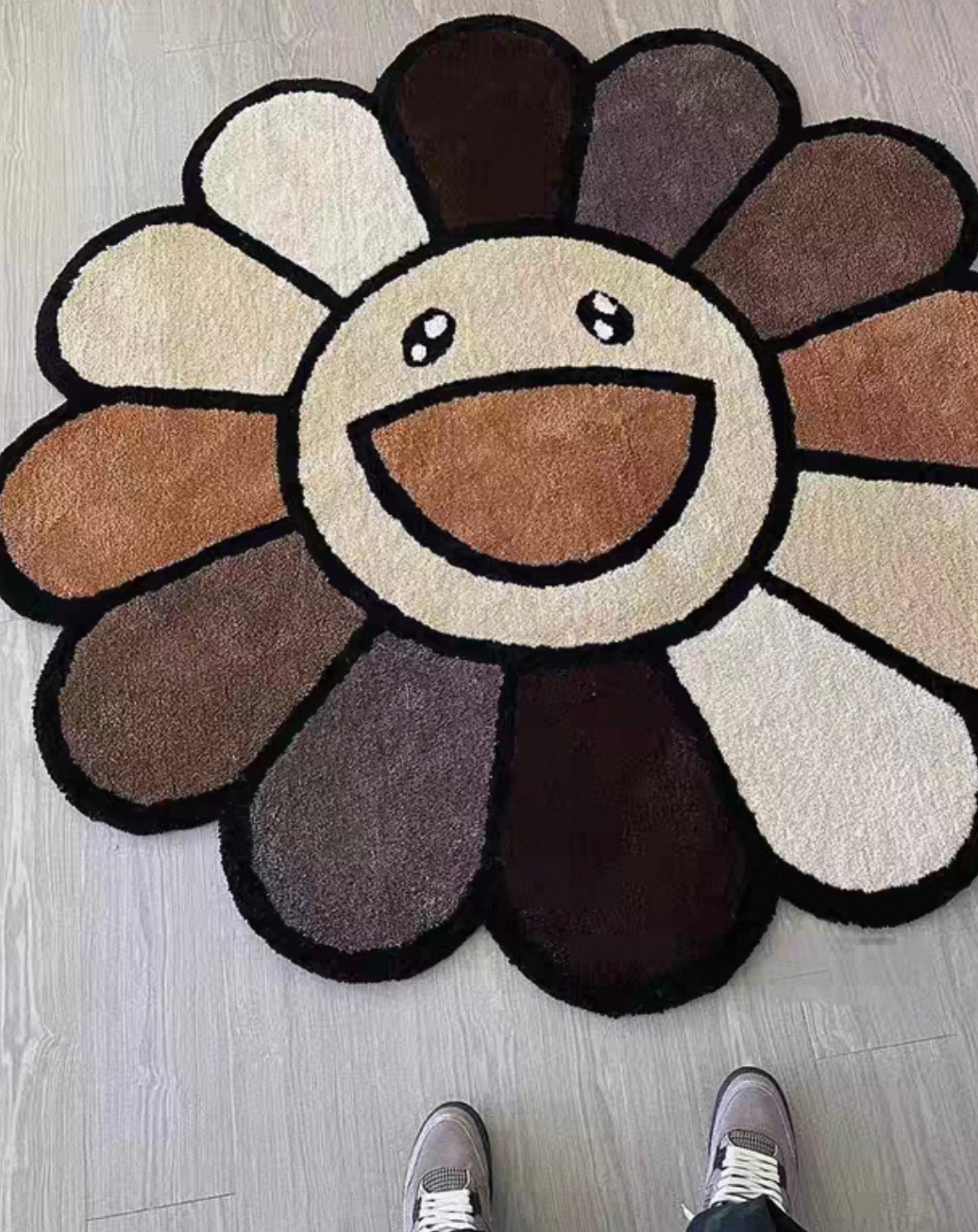 Murakami flower rug, hand tufted pop art rug for bedroom and room decor. Aesthetic flower rug in earth tone colors.