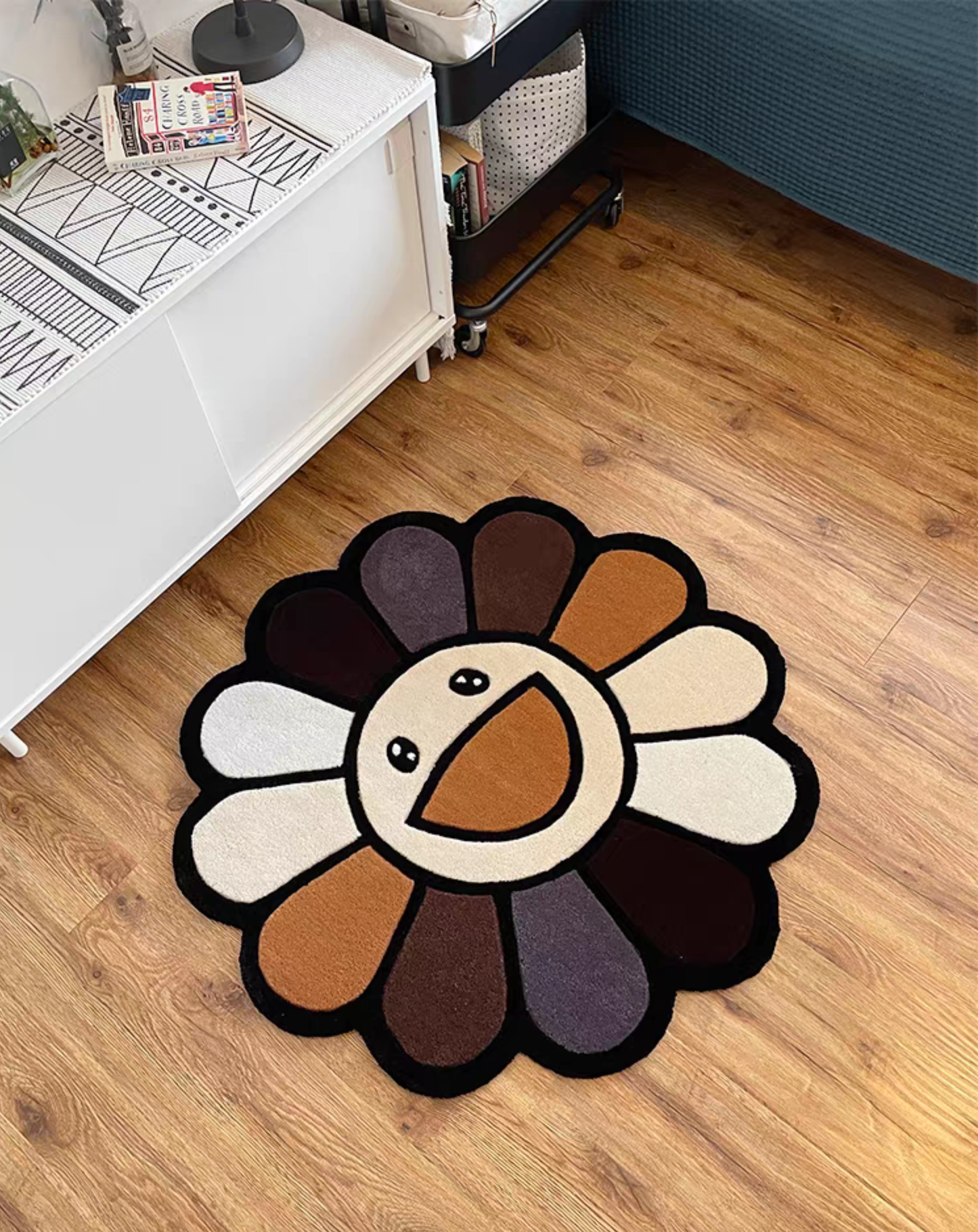 Hand tufted Murakami flower rug for bedroom decor. Pop art aesthetic rug, earth tone colorway, room decor statement piece.