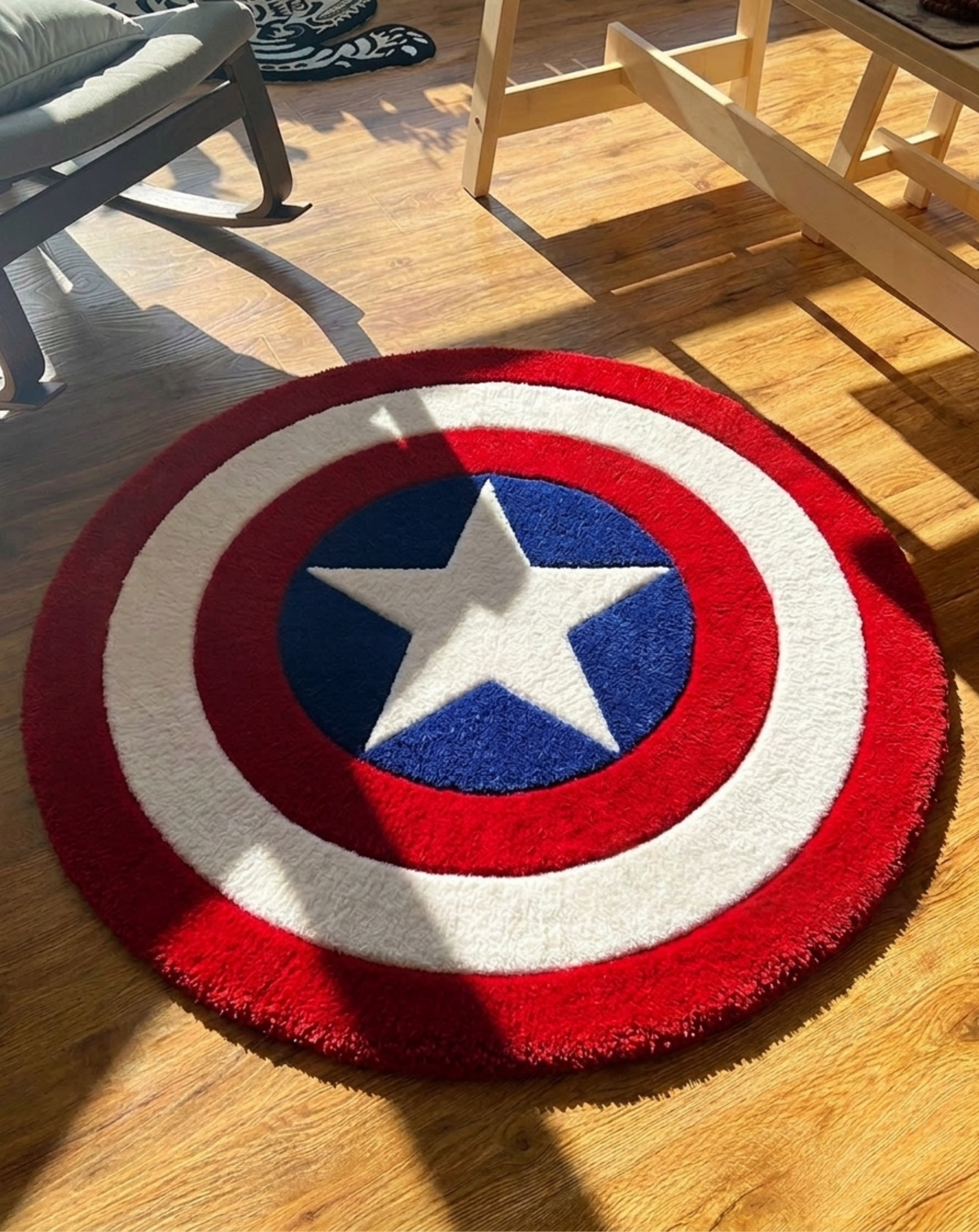 A round plush area rug featuring Captain America's shield design with red, white, and blue concentric circles and a white star in the center, shown on a wooden floor in a room setting.
