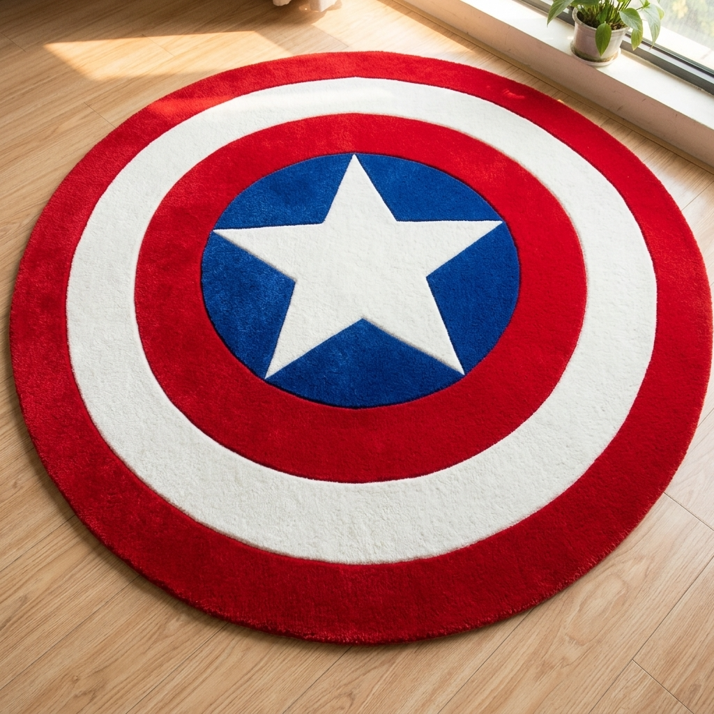 Star Shield Rug Wide Living Room Setting, Captain America shield tufted rud kids room decoration