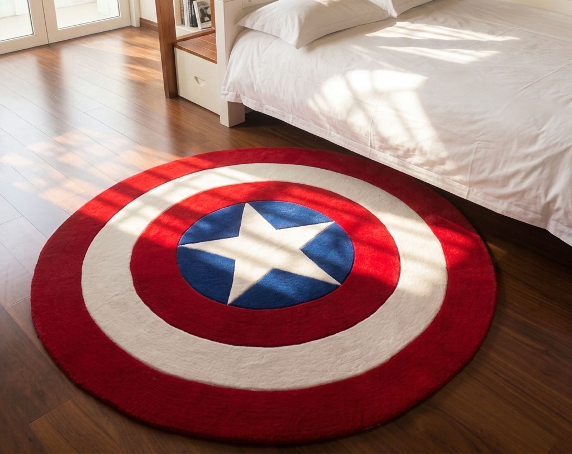 A round area rug featuring Captain America's shield design in red, white, and blue, placed on a wooden floor next to a bed in a bedroom setting.