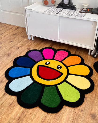 Murakami tufted rug in rainbow colorway, front view on wooden floor
