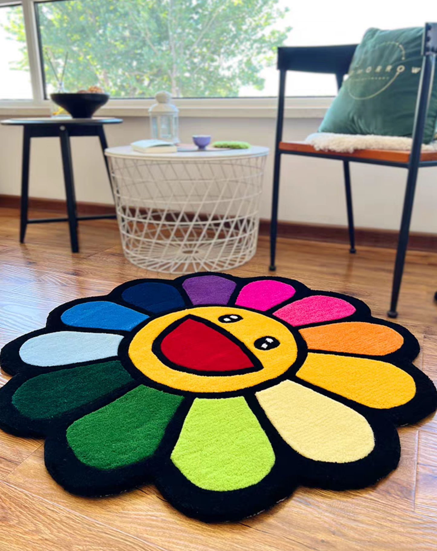 Murakami inspired tufted rug, multicolor flower design for bedroom and gaming room decor. Vibrant aesthetic rug.

