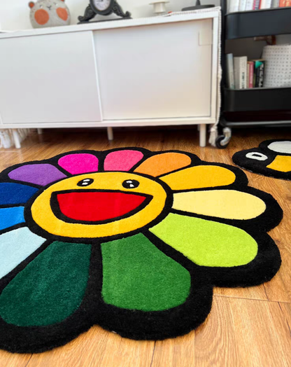 Murakami rug styled in a colorful bedroom room decor setup

