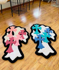 Cross cluster rugs in pink and blue on a wood floor, hand tufted y2k bedroom decor