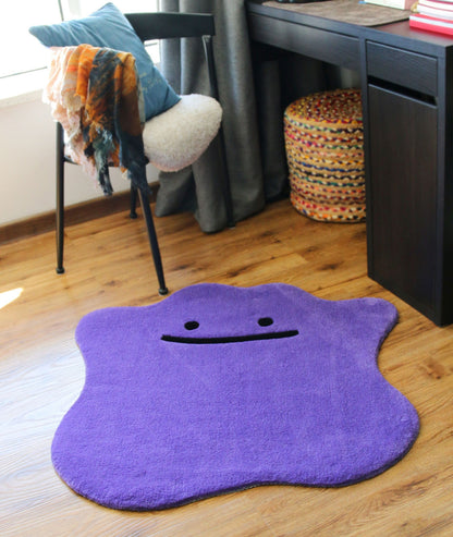 Cute purple rug by a desk and chair, soft acrylic tufted pile, bedroom floor styled view