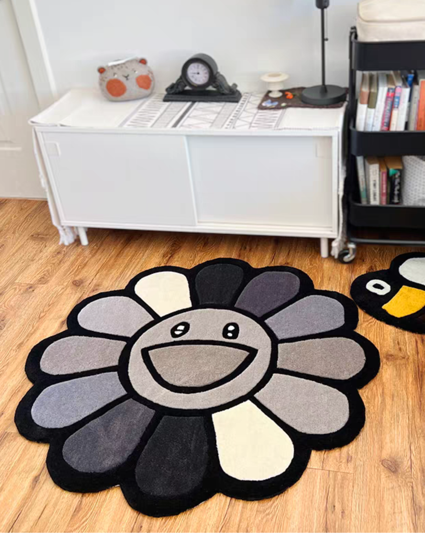 Murakami inspired tufted rug, monochrome flower design for bedroom and gaming room decor. Dark aesthetic rug.