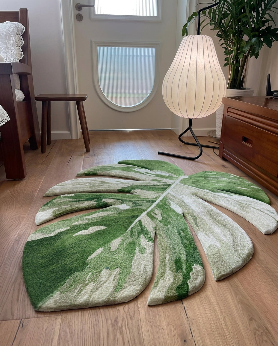 A large monstera leaf-shaped area rug in shades of green and cream, placed on a light wood floor in a modern room setting.