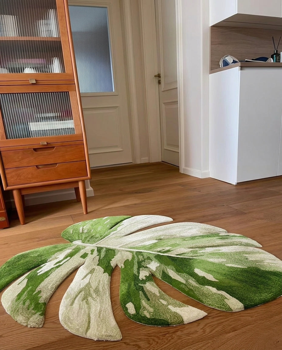 A large monstera leaf-shaped area rug in green and cream is placed on a wooden floor in a modern living room setting.