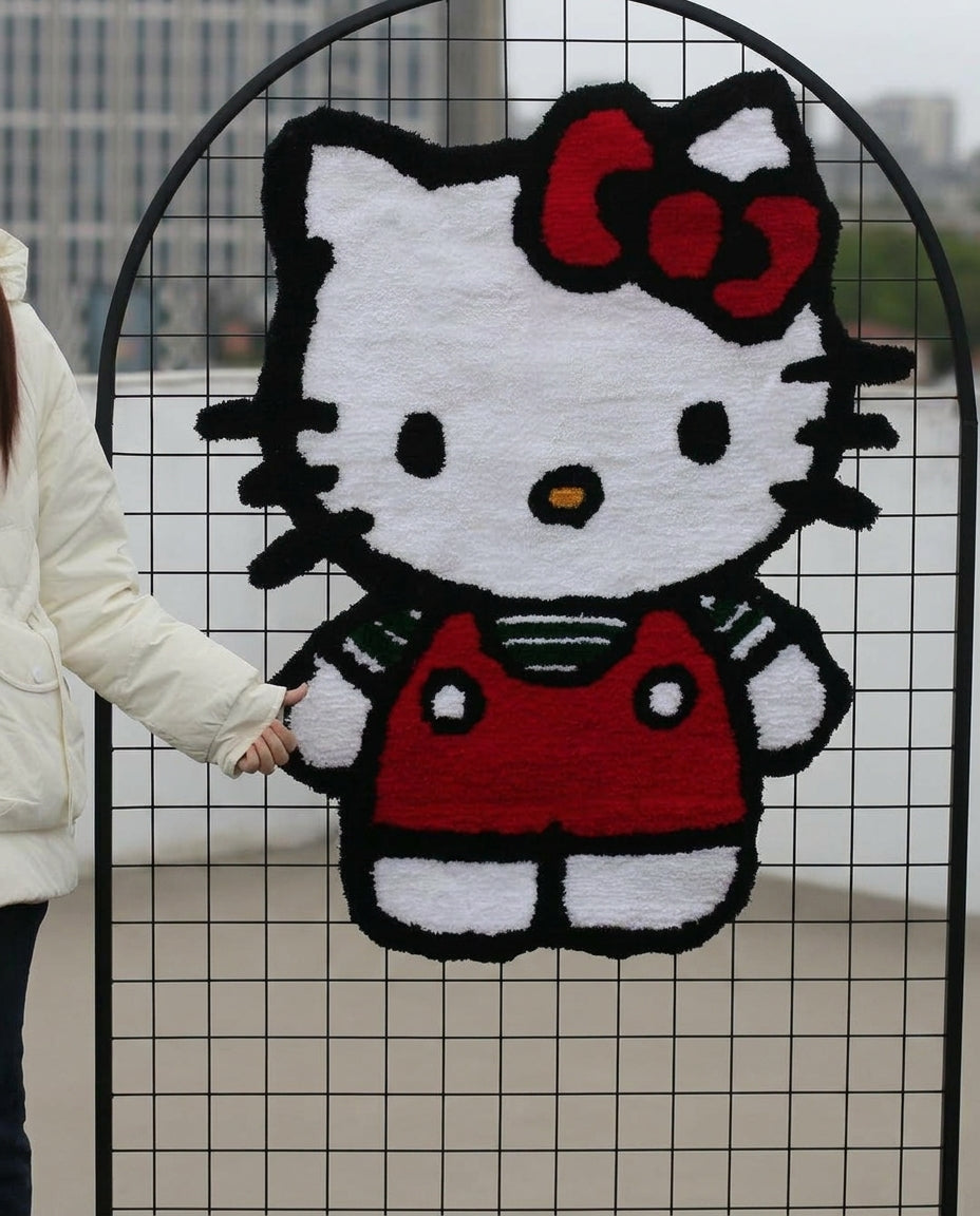 Hello Kitty character rug held up to show the full body and red bow, soft high-density acrylic yarn