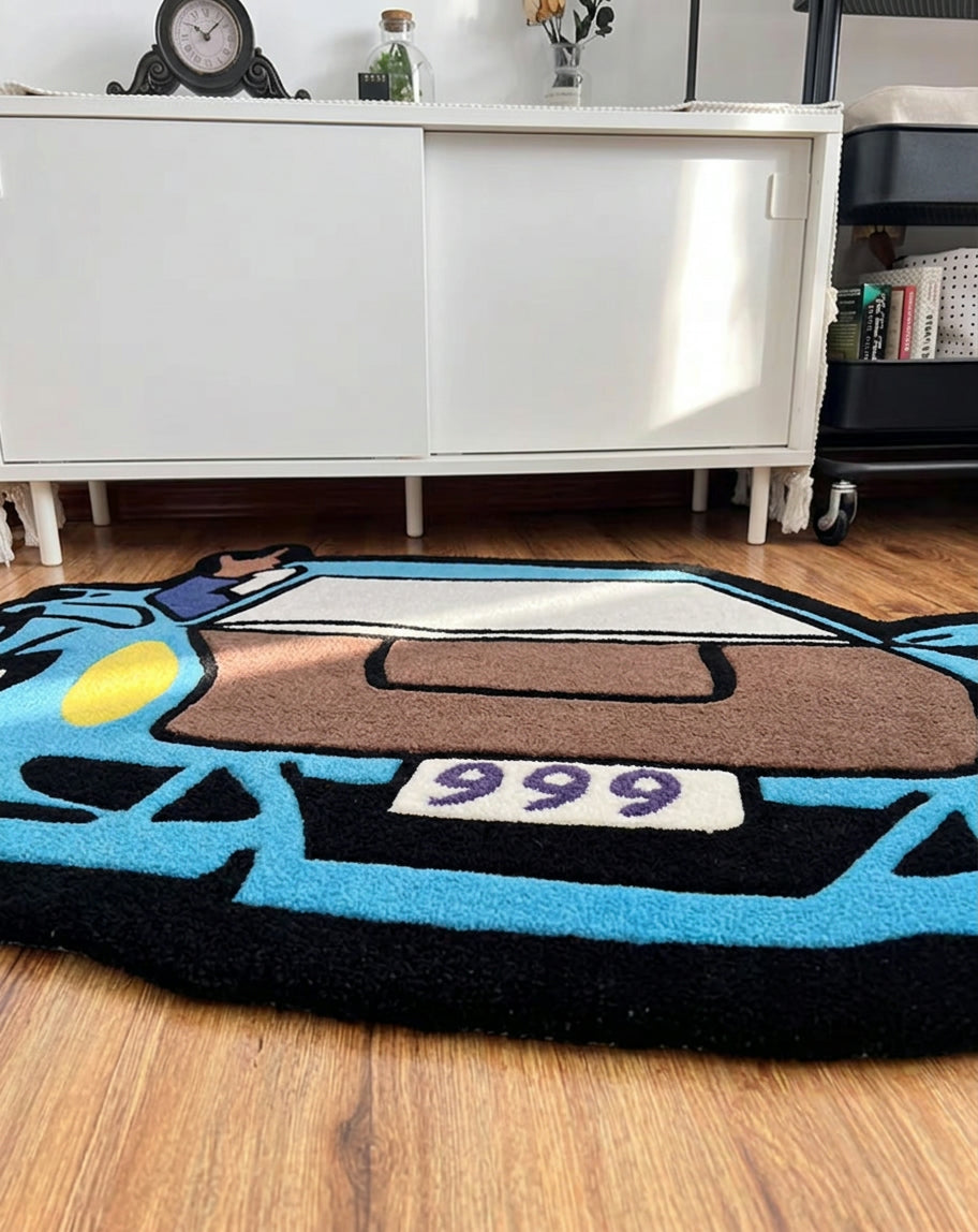999 Car Rug low angle close up of the black border, blue body and brown hood in dense tufted pile