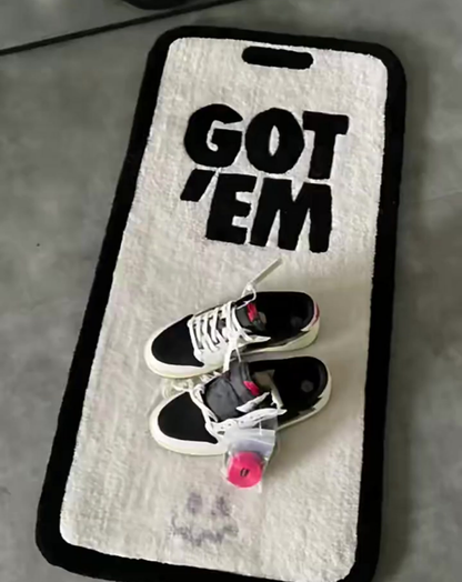 Got Em tufted rug white colorway sneaker inspired room decor, minimalist streetwear rug for walk-in closet or sneakerhead display shelf area