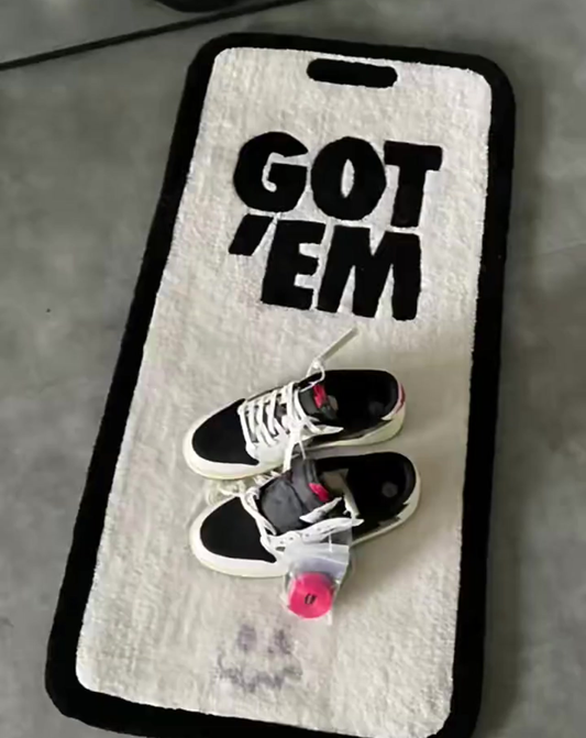 Got Em tufted rug white colorway sneaker inspired room decor, minimalist streetwear rug for walk-in closet or sneakerhead display shelf area