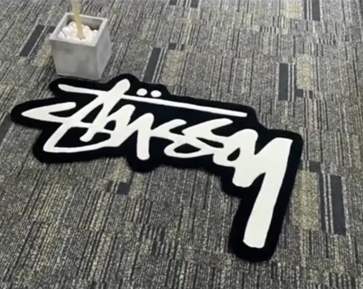 Large streetwear tufted rug graffiti script black white, bedroom statement rug for sneakerhead clothing room walk-in closet decor