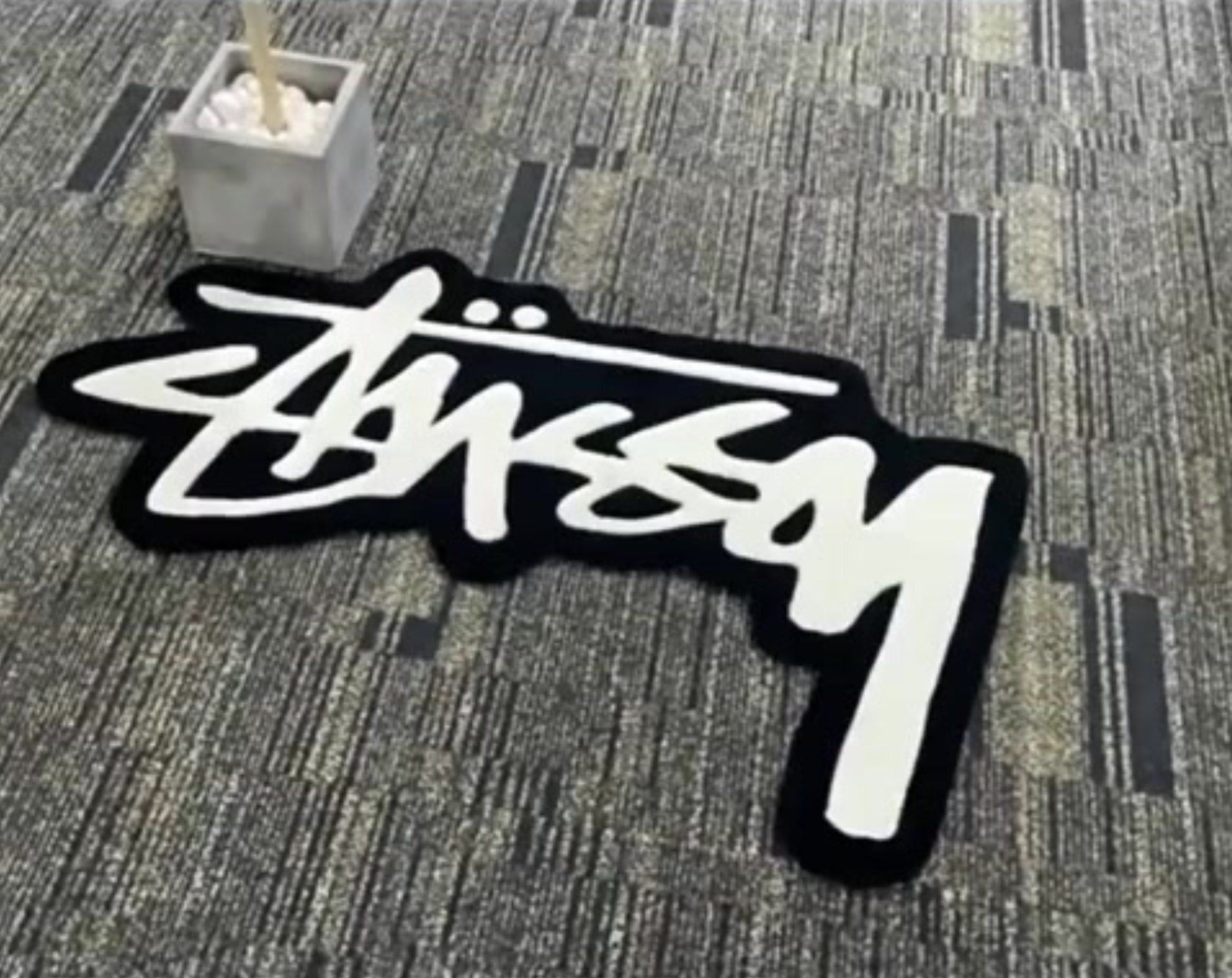 Large streetwear tufted rug graffiti script black white, bedroom statement rug for sneakerhead clothing room walk-in closet decor