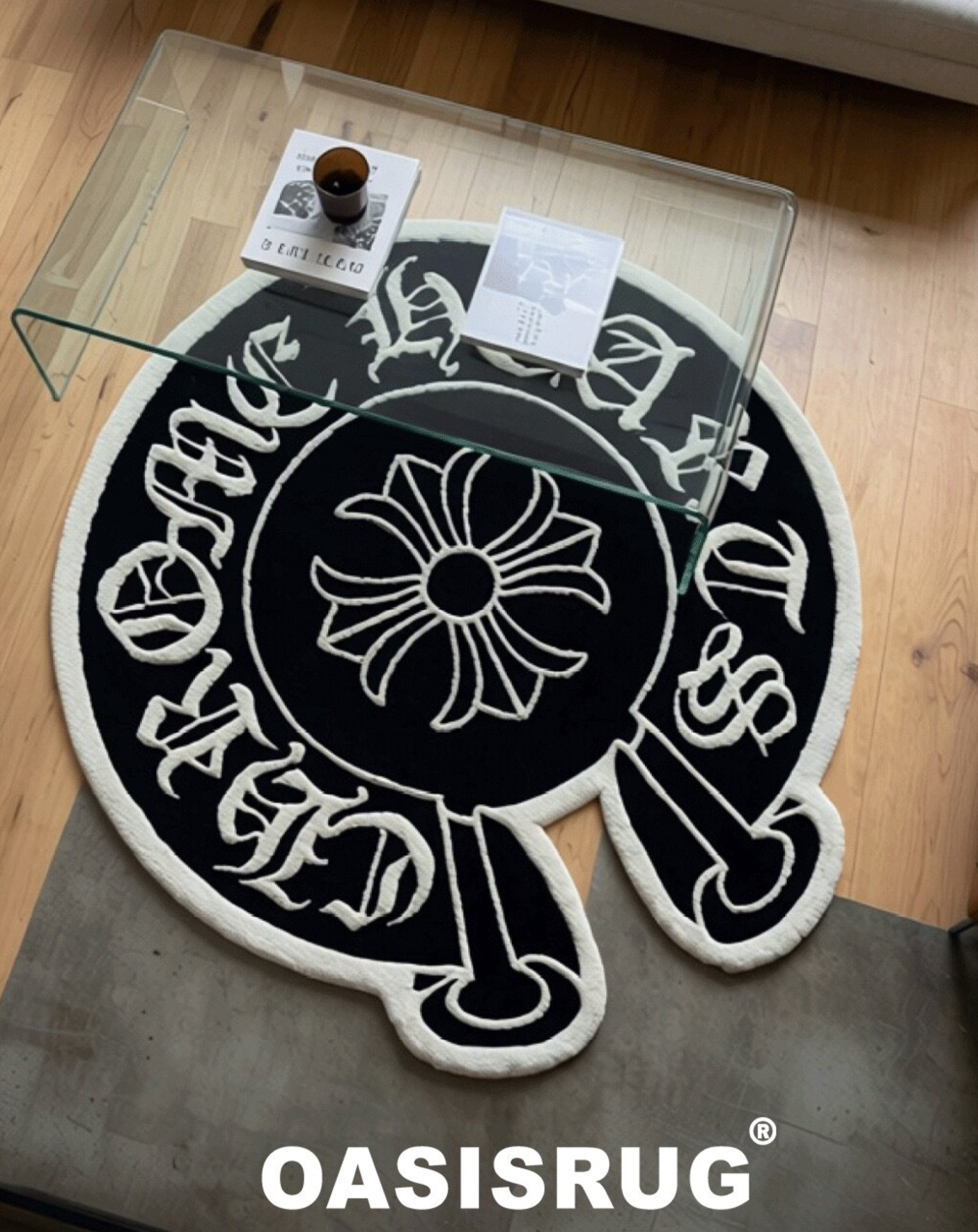 Gothic cross circle hand tufted rug luxury streetwear room decor black