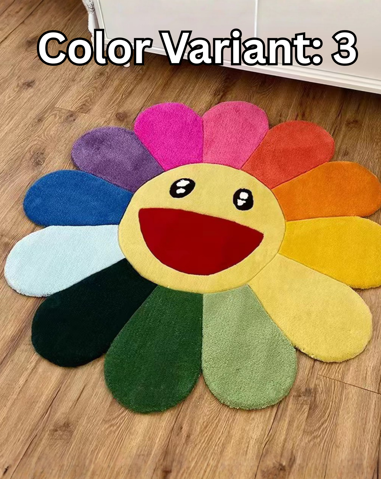 Rainbow flower shaped tufted round rug styled in aesthetic bedroom, colorful art rug for living room center or bedroom corner decor, vibrant flower rug with smiley face thick pile