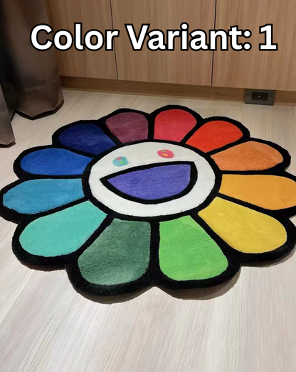 Multicolor flower tufted rug close up showing thick pile petal detail and smiley face center, aesthetic room decor round rug for bedroom or studio apartment living room