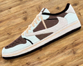 Hypebeast Travis Scott Jordan 1 Low Mocha sneaker rug laying on floor. Nike Air Jordan 1 OG SP Cactus Jack brown nubuck tufted carpet in sneaker room. Handmade sneakerhead room decor on wooden floor.