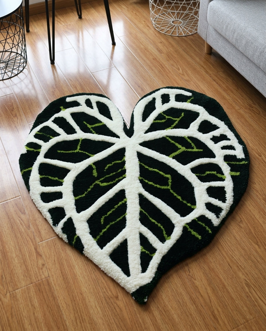 Leaf vein pattern in white and lime green on a plush black rug, close angled floor shot