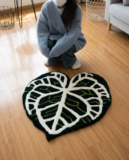 Tufted leaf rug laid out in a bright living room, soft acrylic pile botanical floor decor