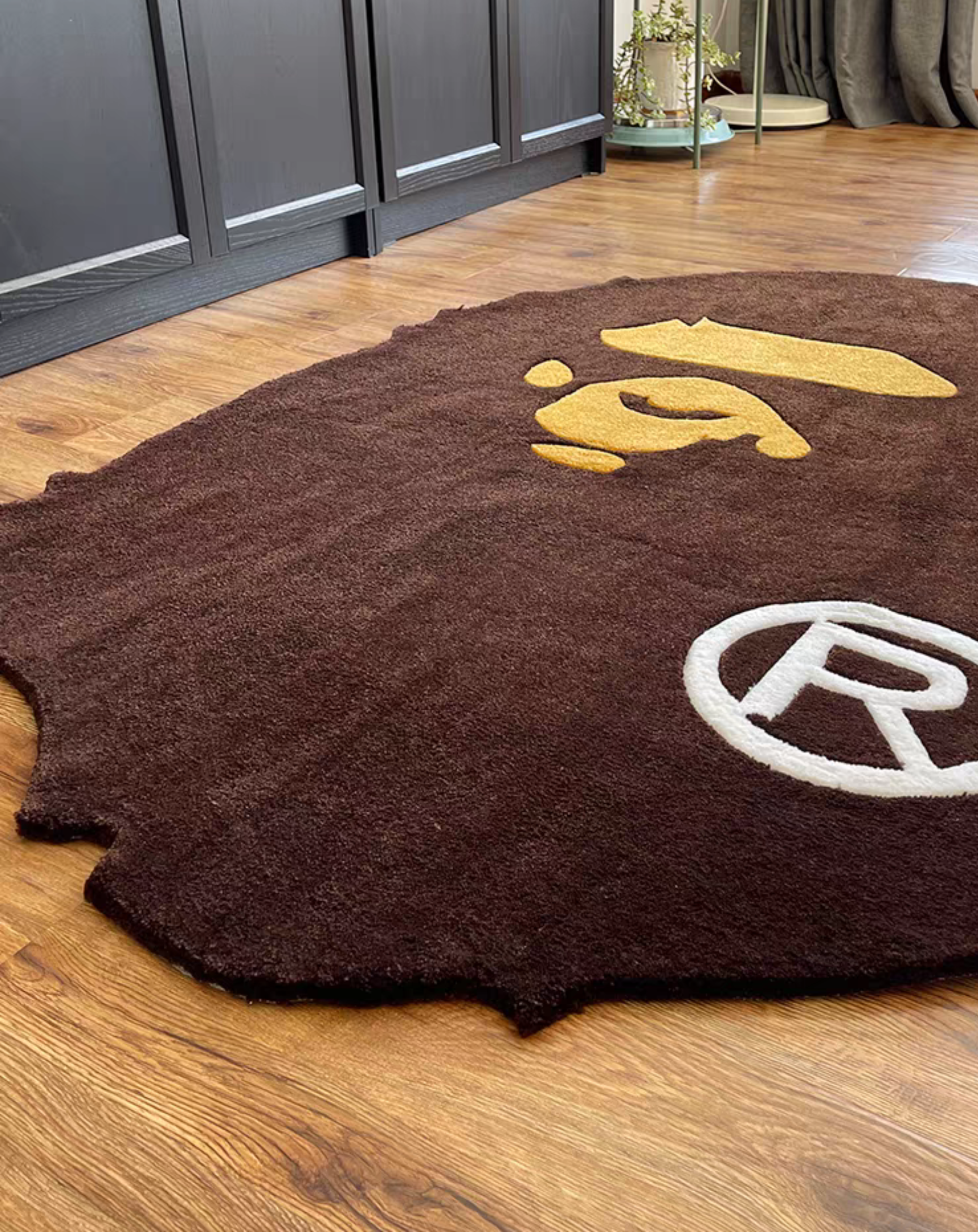 Bape inspired ape head tufted rug dark brown gold streetwear hypebeast room decor