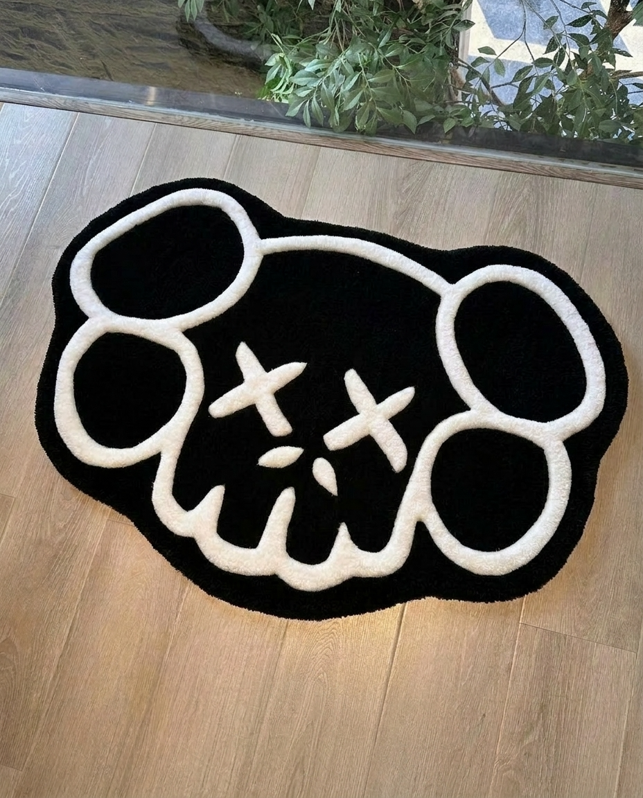  Kaws inspired bear tufted rug black white die cut silhouette hand tufted streetwear room decor