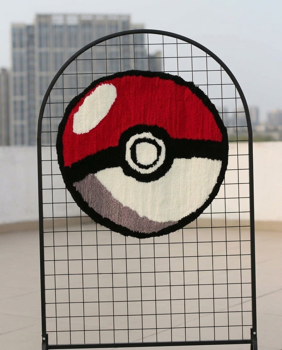 Round Pokeball gaming rug shown upright to display the classic design, soft high-density acrylic yarn