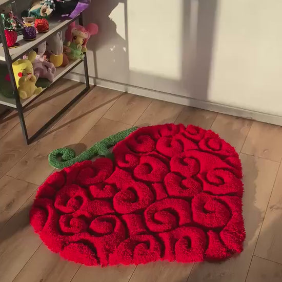 Red swirl fruit rug video, soft tufted acrylic pile with green stem, bedroom floor view