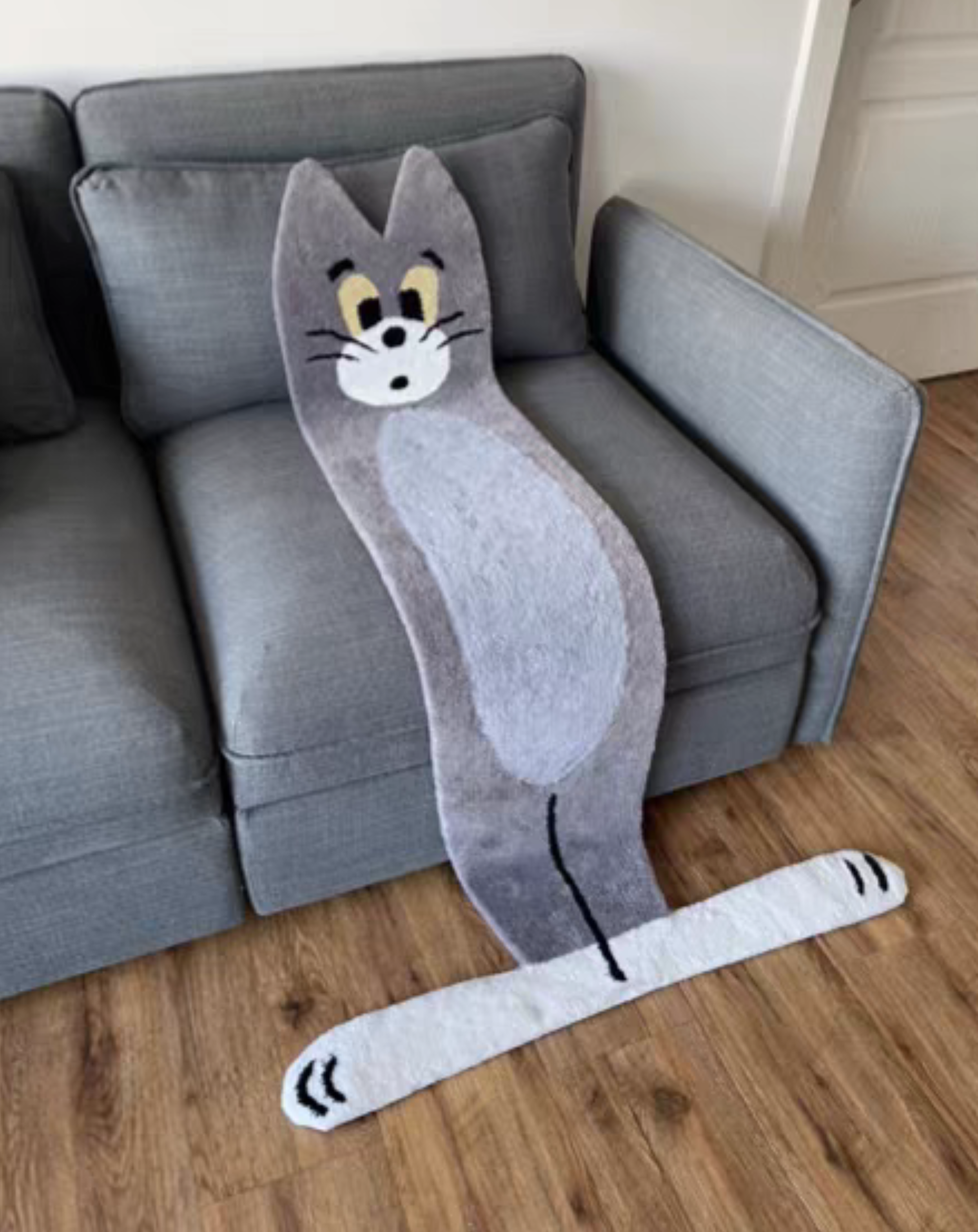 Cat Shaped Rug Grey Couch Setting